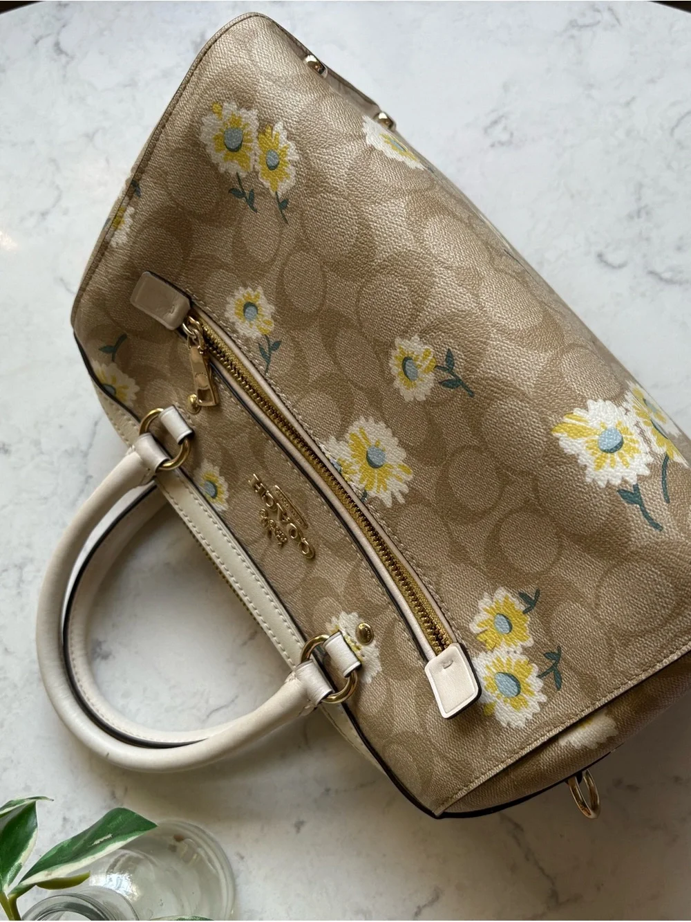 Coach Beige Floral Signature Satchel with Cream Handles